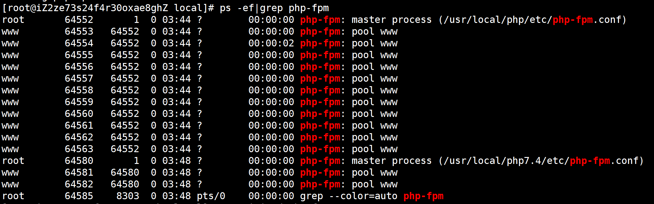 根据如上图所示的返回结果里的<code>master process</code>来判断是否删除成功，这是还没有删除PHP7.4进程状态